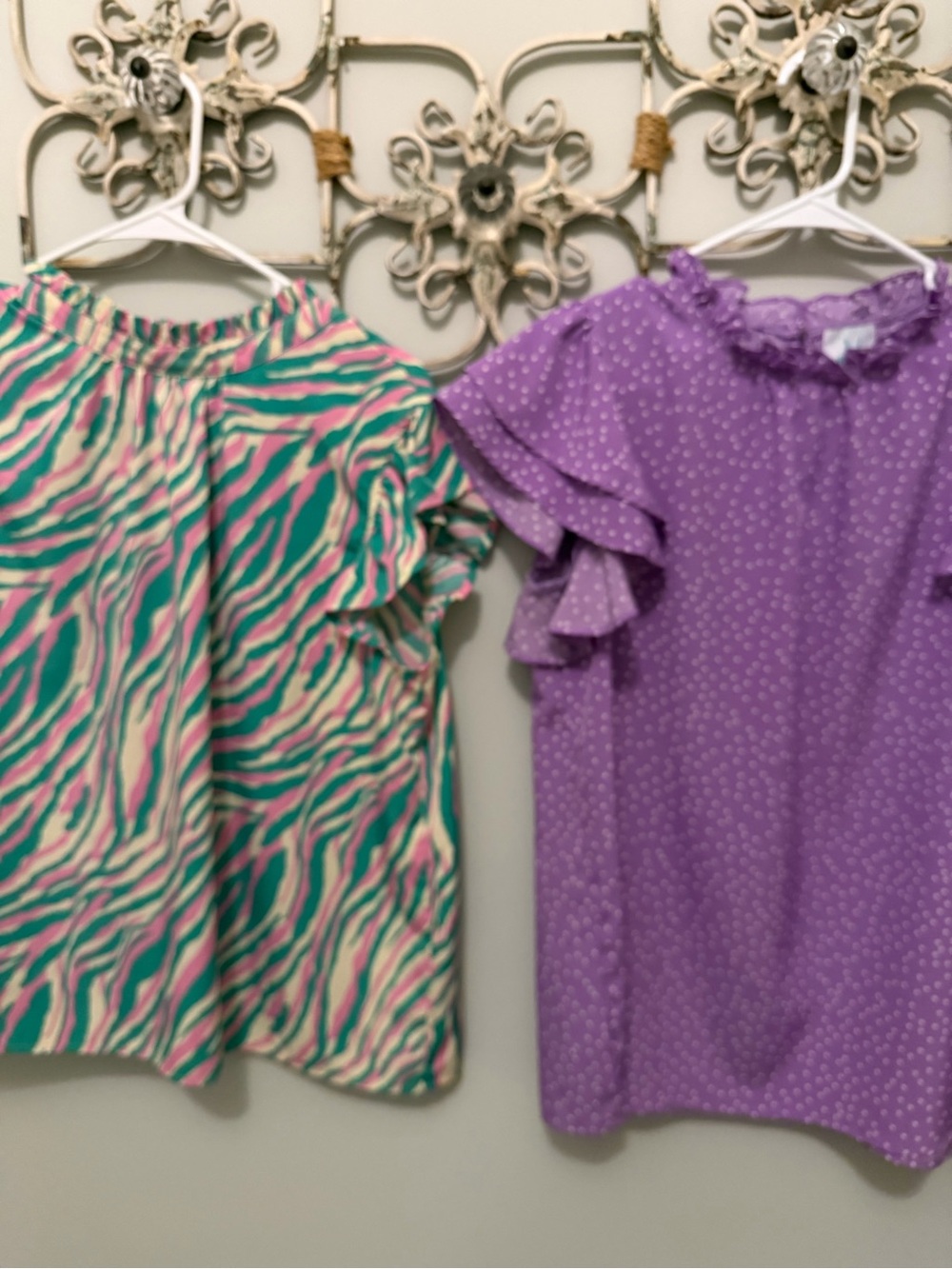 Two Women’s Ruffle Sleeve Blouses- Polka Dot & Animal print